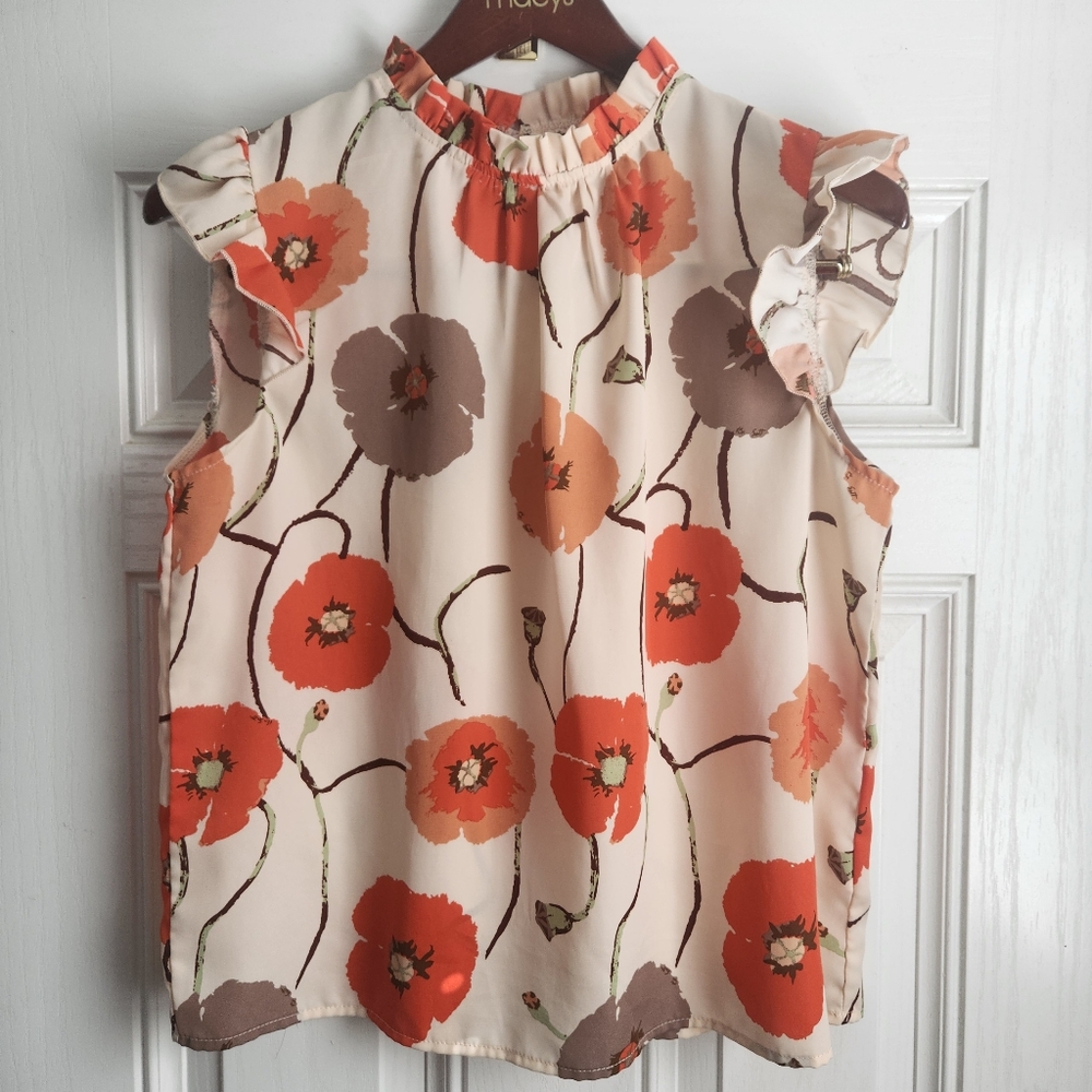 Shein Orange Flower Top With Ruffle Neck & Sleeves Size Large